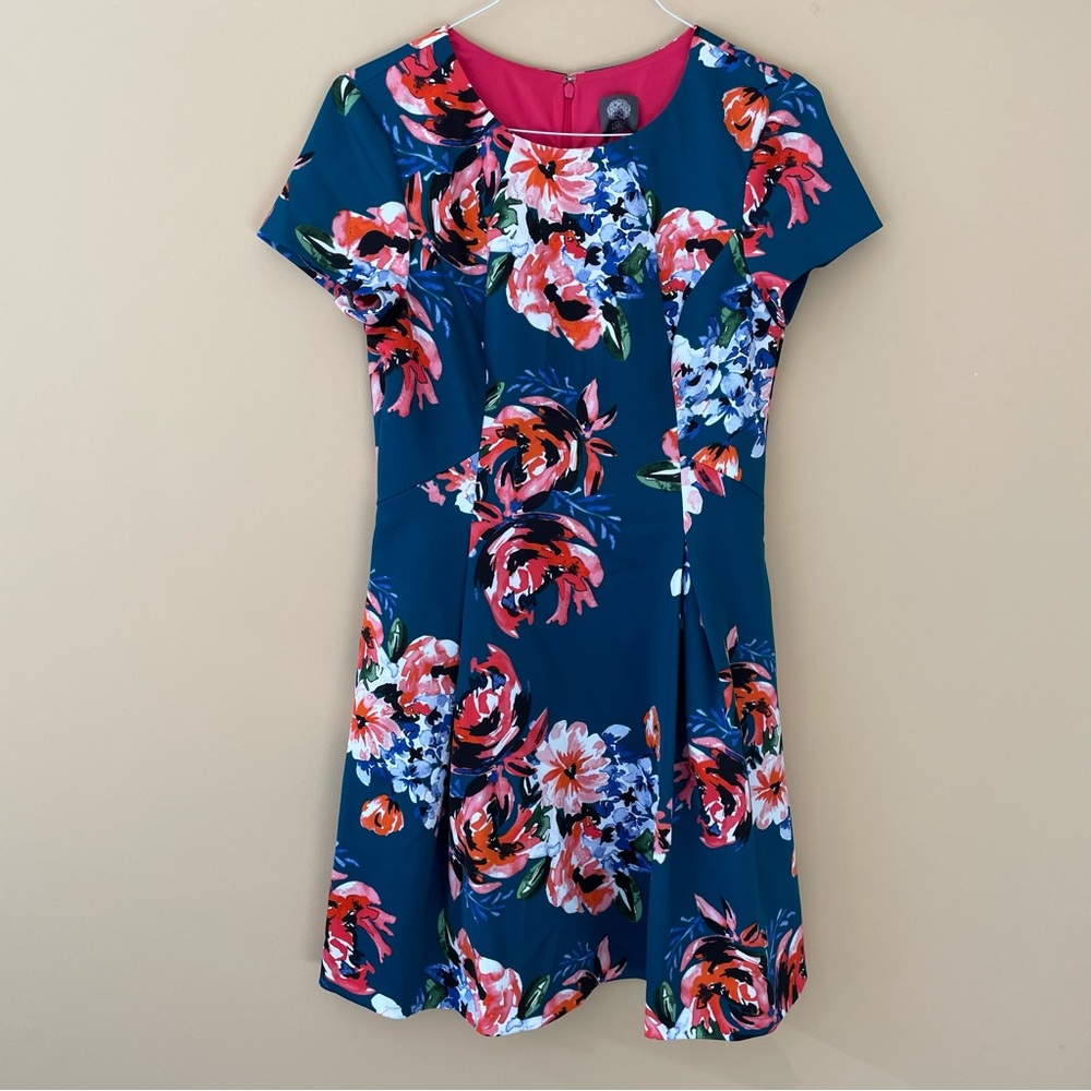 VINCE CAMUTO Cap Sleeve Floral Fit and Flare Dress in Atlantic Tea -Pockets